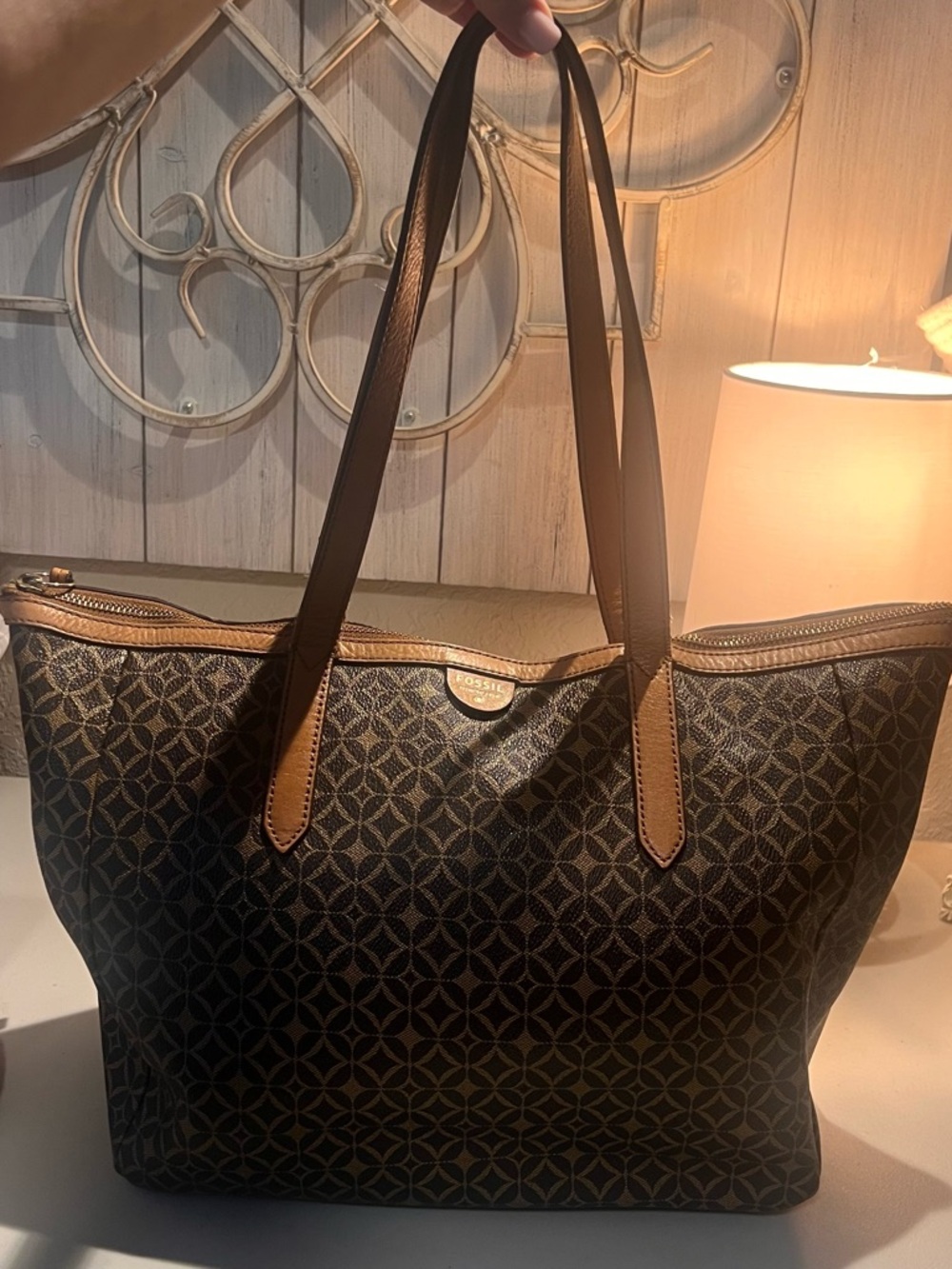 Fossil Sydney Tan & Chocolate Coated Canvas Tote Bag